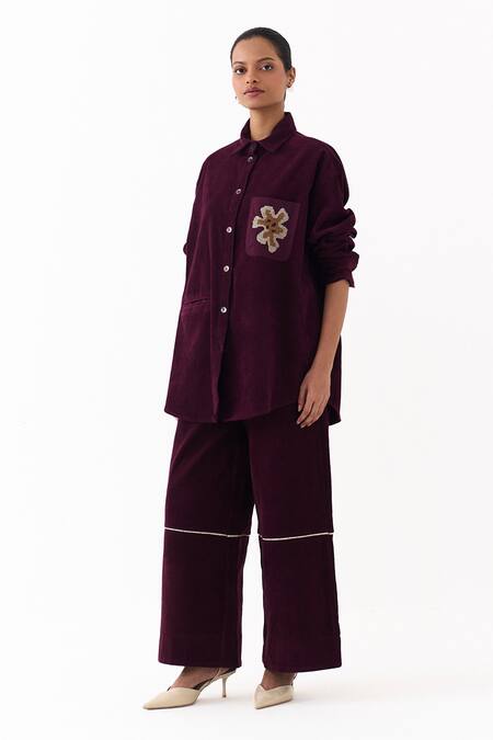 Three_Wine Corduroy Embroidery Collared Patchwork Shirt And Palazzo Set _Online_at_Aza_Fashions