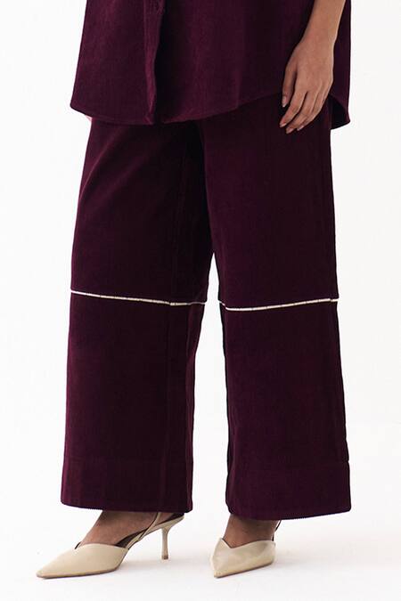 Buy_Three_Wine Corduroy Embroidery Collared Patchwork Shirt And Palazzo Set _Online_at_Aza_Fashions