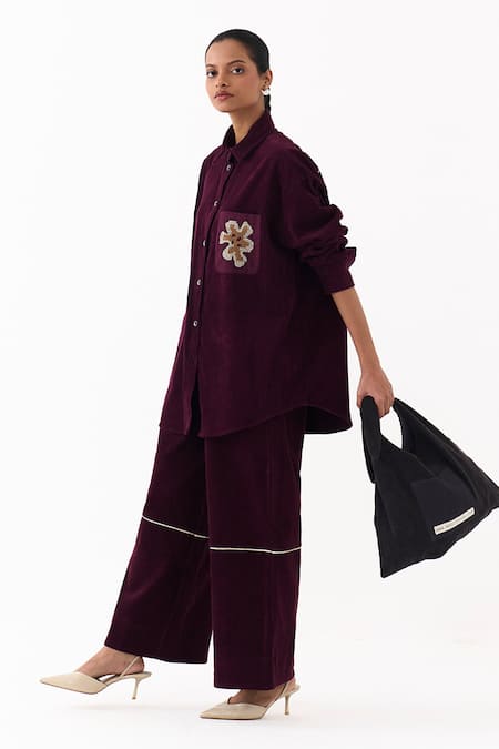Buy_Three_Wine Corduroy Embroidery Collared Patchwork Shirt And Palazzo Set 