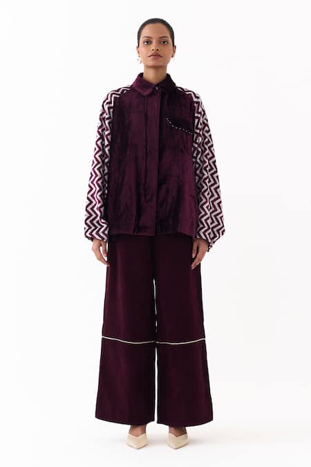 Three Wine Velvet, Corduroy Studs Collared Jacket And High Waist Pant Set Online at Aza Fashions Three_Wine Velvet, Corduroy Studs Collared Jacket And High Waist Pant Set _Online_at_Aza_Fashions