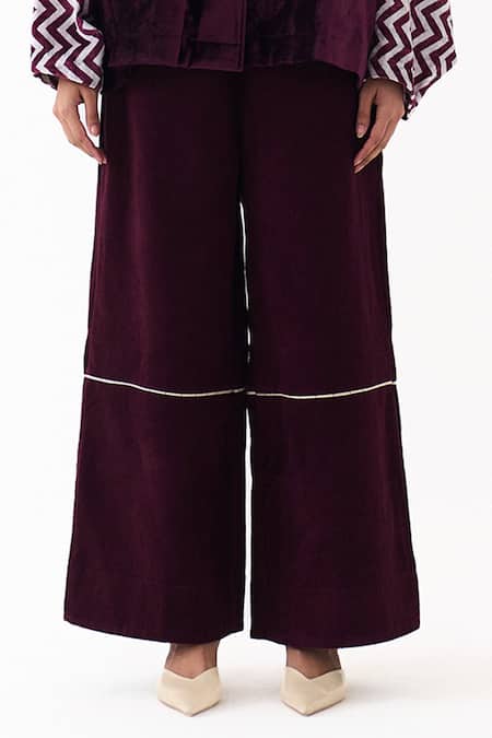 Buy Three Wine Velvet, Corduroy Studs Collared Jacket And High Waist Pant Set Online at Aza Fashions Buy_Three_Wine Velvet, Corduroy Studs Collared Jacket And High Waist Pant Set _Online_at_Aza_Fashions