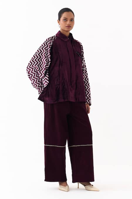 Shop Three Wine Velvet, Corduroy Studs Collared Jacket And High Waist Pant Set Online at Aza Fashions Shop_Three_Wine Velvet, Corduroy Studs Collared Jacket And High Waist Pant Set _Online_at_Aza_Fashions