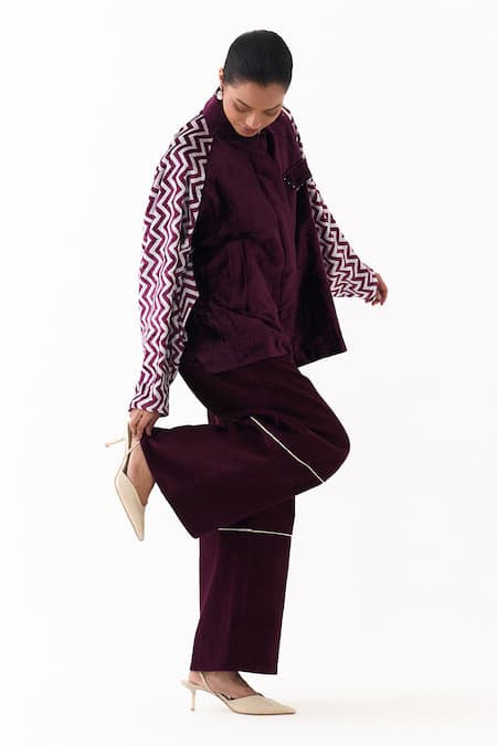 Buy Three Wine Velvet, Corduroy Studs Collared Jacket And High Waist Pant Set Buy_Three_Wine Velvet, Corduroy Studs Collared Jacket And High Waist Pant Set