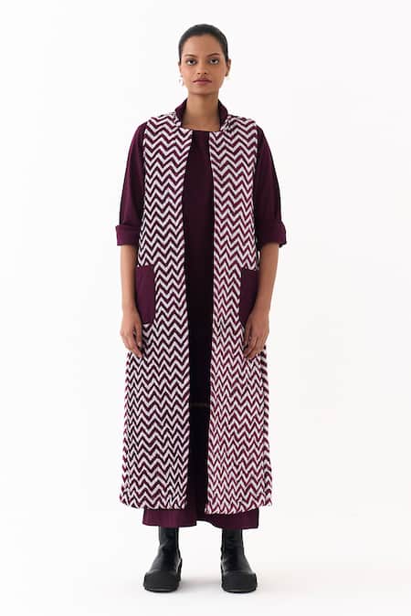 Three_Wine Velvet, Twill Piping Open Neck, Round Chevron Pattern Jacket With Dress _Online_at_Aza_Fashions