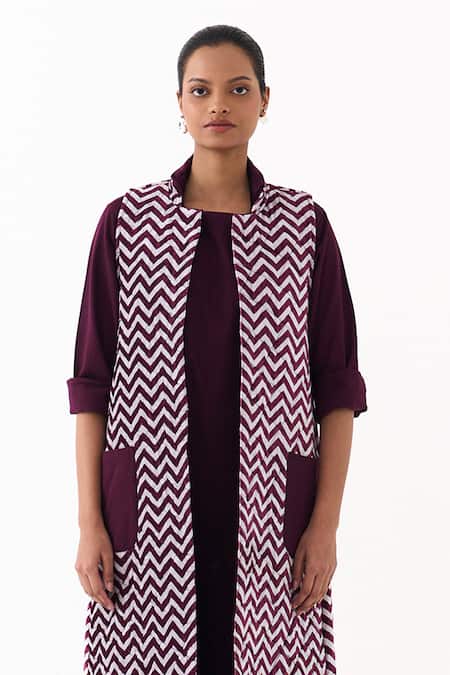 Buy_Three_Wine Velvet, Twill Piping Open Neck, Round Chevron Pattern Jacket With Dress _Online_at_Aza_Fashions