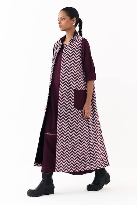 Shop_Three_Wine Velvet, Twill Piping Open Neck, Round Chevron Pattern Jacket With Dress _Online_at_Aza_Fashions