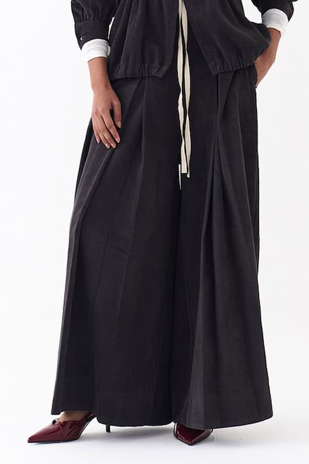 Three_Gray Corduroy Metallic Thread High Neck Top And Palazzo Set _Online_at_Aza_Fashions