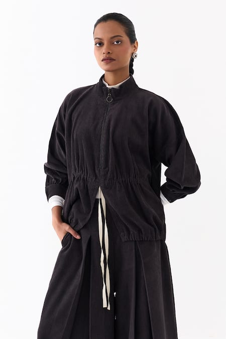 Shop_Three_Gray Corduroy Metallic Thread High Neck Top And Palazzo Set _Online_at_Aza_Fashions