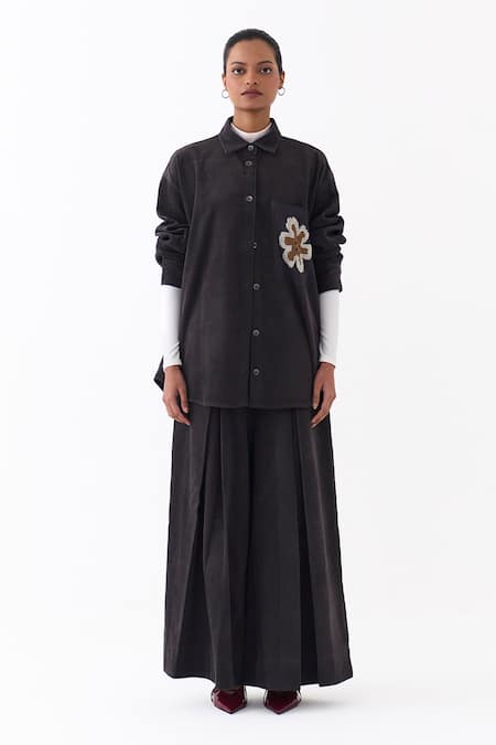 Three Patchwork Embroidered Shirt & Pleated Pant Set