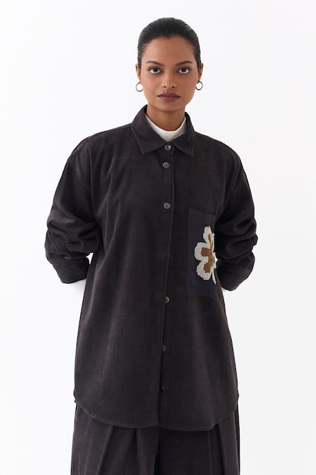 Three_Gray Corduroy Embroidery Collared Patchwork Shirt And Pleated Pant Set _Online_at_Aza_Fashions
