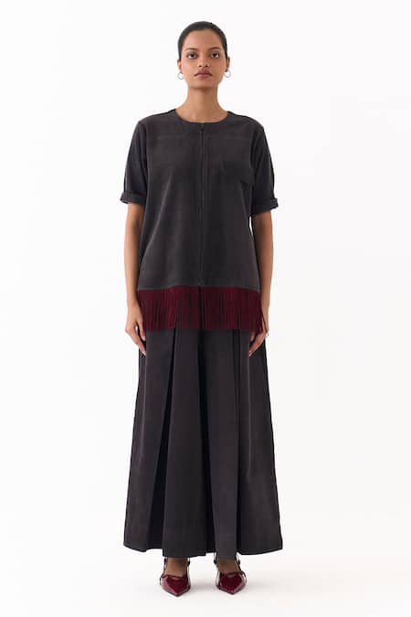 Three Gray Corduroy Fringe Round Neck Shacket And Pleated Pant Set Online at Aza Fashions Three_Gray Corduroy Fringe Round Neck Shacket And Pleated Pant Set _Online_at_Aza_Fashions