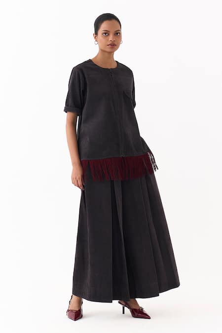 Buy Three Gray Corduroy Fringe Round Neck Shacket And Pleated Pant Set Online at Aza Fashions Buy_Three_Gray Corduroy Fringe Round Neck Shacket And Pleated Pant Set _Online_at_Aza_Fashions