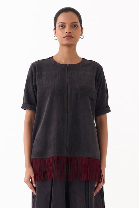 Shop Three Gray Corduroy Fringe Round Neck Shacket And Pleated Pant Set Online at Aza Fashions Shop_Three_Gray Corduroy Fringe Round Neck Shacket And Pleated Pant Set _Online_at_Aza_Fashions