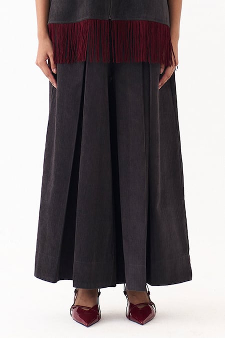 Three Gray Corduroy Fringe Round Neck Shacket And Pleated Pant Set at Aza Fashions Three_Gray Corduroy Fringe Round Neck Shacket And Pleated Pant Set _at_Aza_Fashions