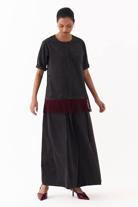 Buy Three Gray Corduroy Fringe Round Neck Shacket And Pleated Pant Set Buy_Three_Gray Corduroy Fringe Round Neck Shacket And Pleated Pant Set