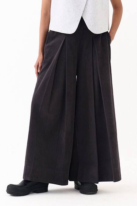 Three_Ivory Corduroy V-neck Overlap Vest And Box Pleated Palazzo Set _Online_at_Aza_Fashions