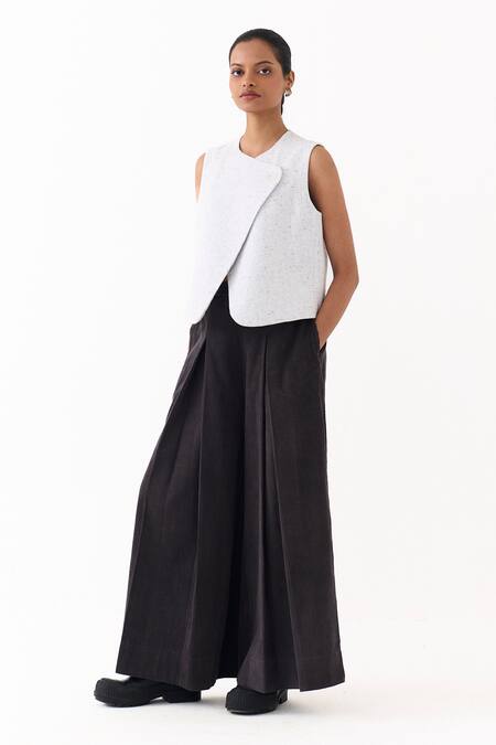 Buy_Three_Ivory Corduroy V-neck Overlap Vest And Box Pleated Palazzo Set _Online_at_Aza_Fashions