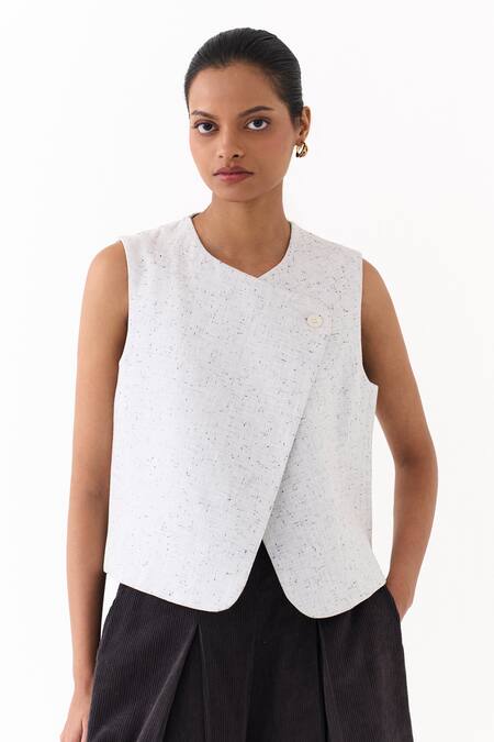 Shop_Three_Ivory Corduroy V-neck Overlap Vest And Box Pleated Palazzo Set _Online_at_Aza_Fashions