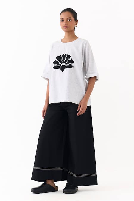 Three_Ivory Poplin Embroidery Round Neck Wave Top And Palazzo Set _Online_at_Aza_Fashions