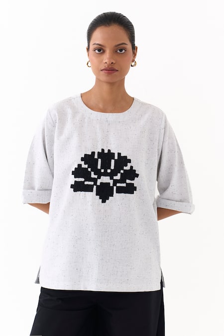 Shop_Three_Ivory Poplin Embroidery Round Neck Wave Top And Palazzo Set _Online_at_Aza_Fashions