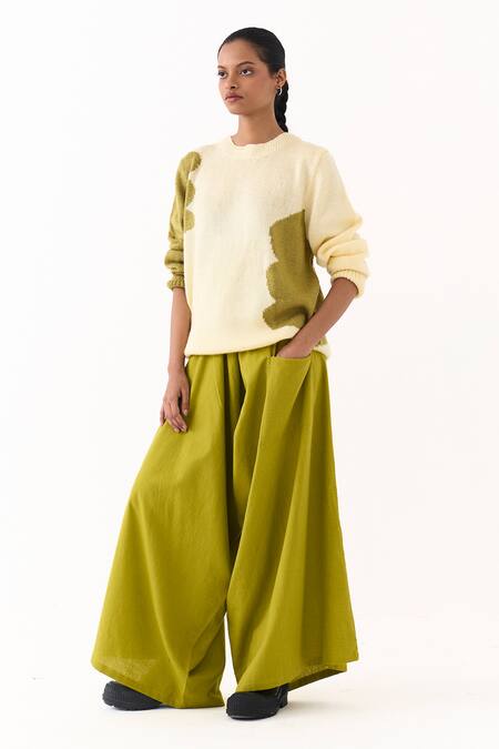 Three Ivory Wool, Cotton Crew Neck Hand Knitted Abstract Pattern Sweater With Pant at Aza Fashions Three_Ivory Wool, Cotton Crew Neck Hand Knitted Abstract Pattern Sweater With Pant _at_Aza_Fashions