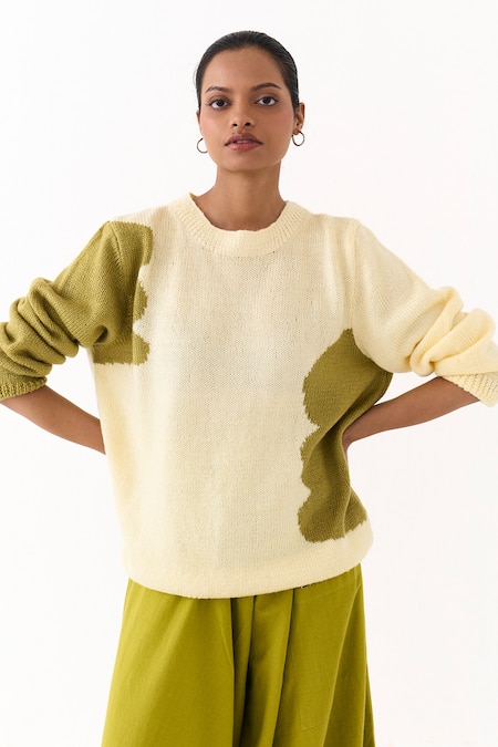 Buy Three Ivory Wool, Cotton Crew Neck Hand Knitted Abstract Pattern Sweater With Pant Buy_Three_Ivory Wool, Cotton Crew Neck Hand Knitted Abstract Pattern Sweater With Pant