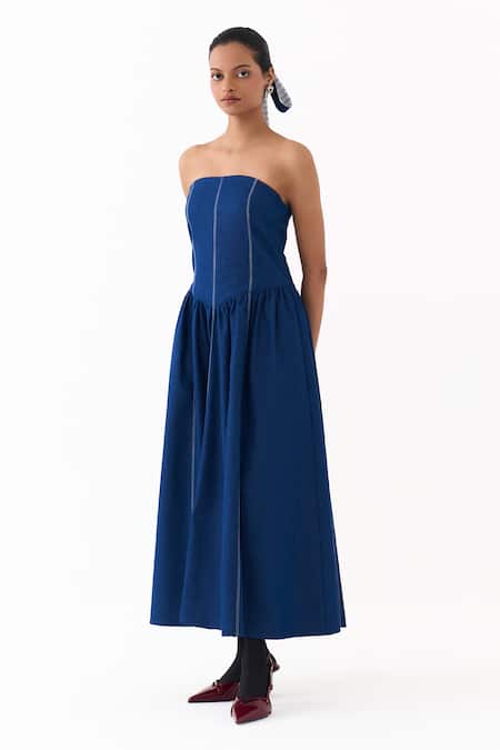 Three_Blue Denim Bandeau Neck Corset Strapless Gathered Dress _Online_at_Aza_Fashions