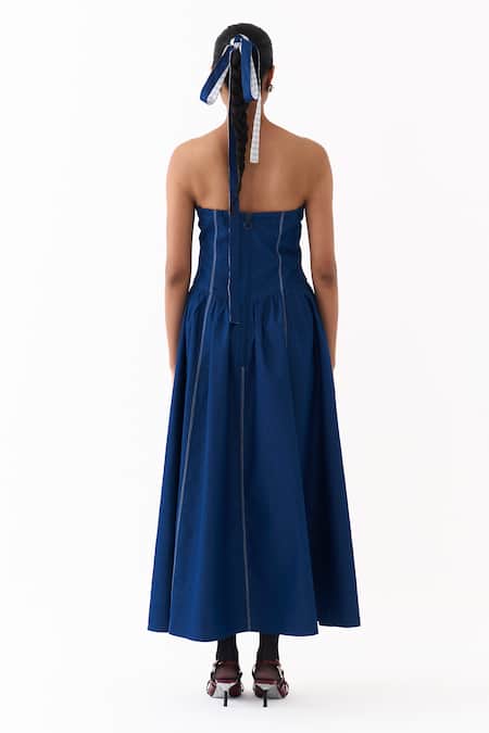 Three Denim Corset Strapless Gathered Dress