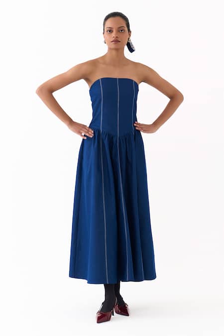 Three Denim Corset Strapless Gathered Dress