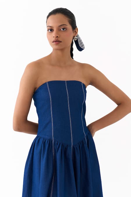 Shop_Three_Blue Denim Bandeau Neck Corset Strapless Gathered Dress _Online_at_Aza_Fashions