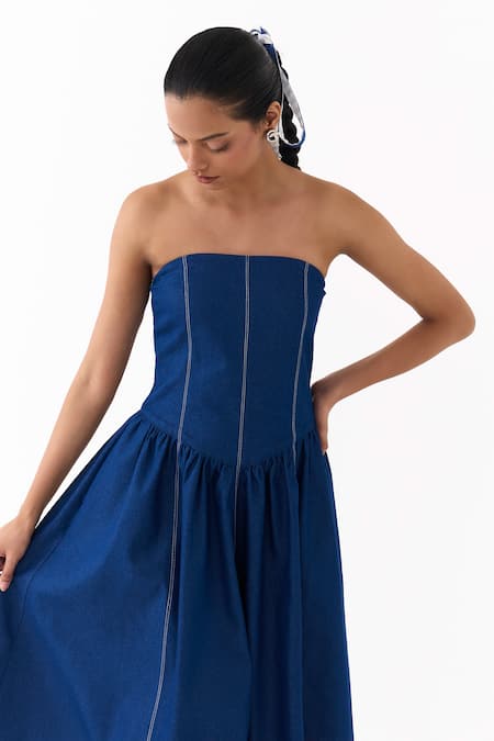 Three_Blue Denim Bandeau Neck Corset Strapless Gathered Dress _at_Aza_Fashions