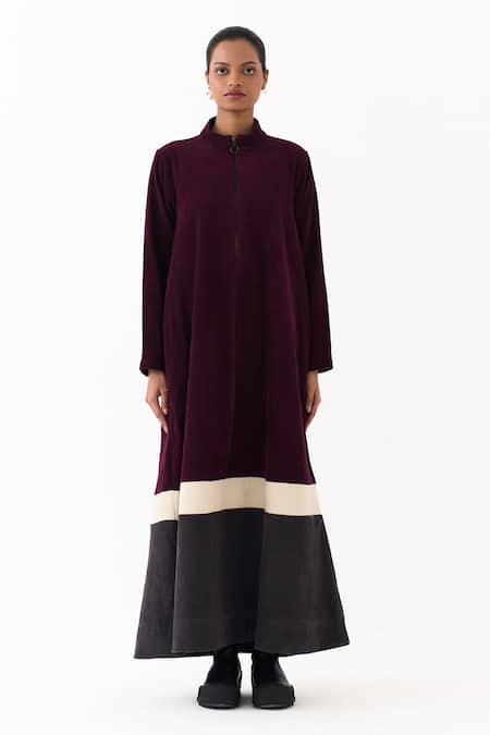 Buy_Three_Wine Corduroy Turtle Neck Maxi Dress _Online_at_Aza_Fashions