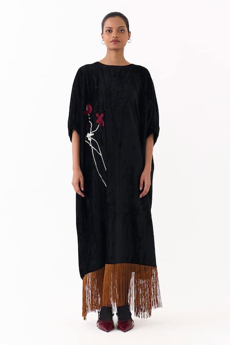 Three_Black Velvet Applique, Fringe Round Neck Poppy Kaftan _Online_at_Aza_Fashions