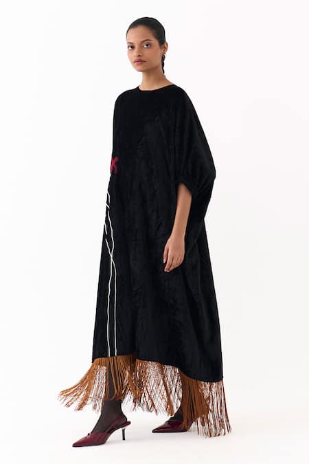 Buy_Three_Black Velvet Applique, Fringe Round Neck Poppy Kaftan _Online_at_Aza_Fashions