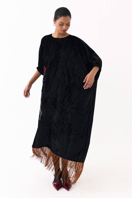 Three_Black Velvet Applique, Fringe Round Neck Poppy Kaftan _at_Aza_Fashions