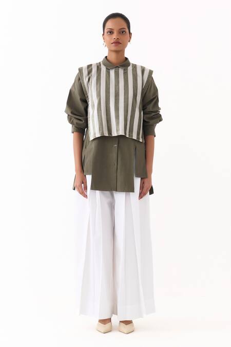 Three_Olive Green Twill Collared Panelled Striped Overlay Shirt _Online_at_Aza_Fashions