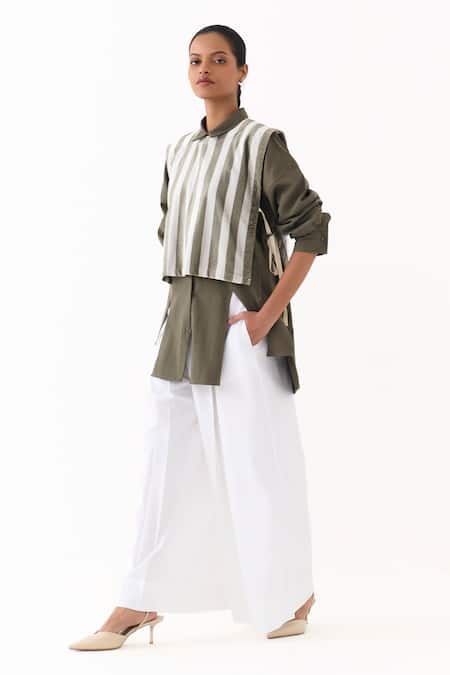 Buy_Three_Olive Green Twill Collared Panelled Striped Overlay Shirt _Online_at_Aza_Fashions