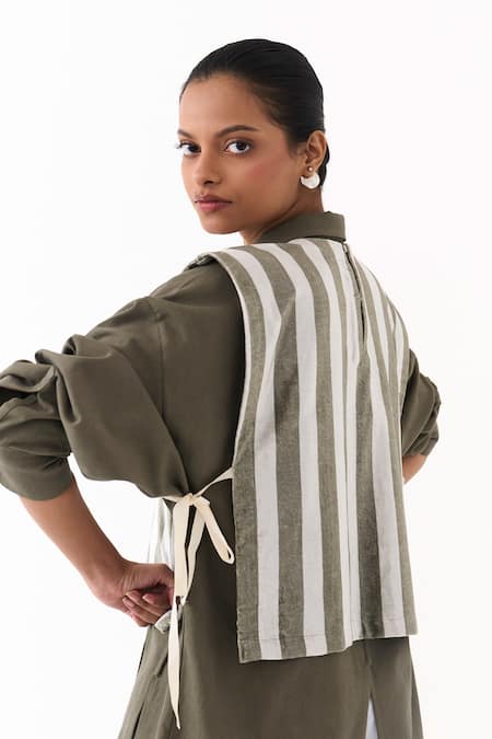 Shop_Three_Olive Green Twill Collared Panelled Striped Overlay Shirt _Online_at_Aza_Fashions