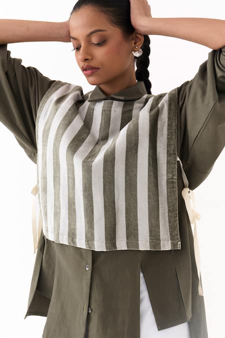 Three_Olive Green Twill Collared Panelled Striped Overlay Shirt _at_Aza_Fashions