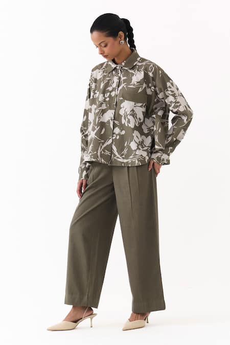 Shop_Three_Olive Green Twill Collared Floral Print Shirt _Online_at_Aza_Fashions