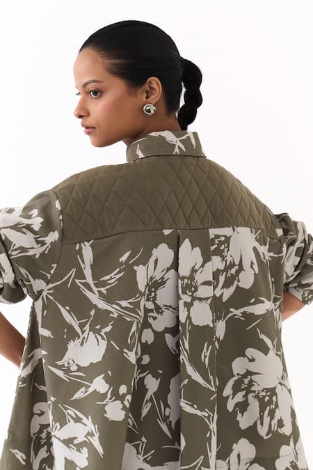 Buy_Three_Olive Green Twill Collared Floral Print Shirt 