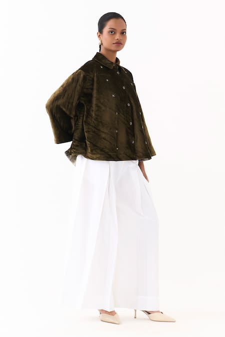 Three_Olive Green Velvet Embroidery Collared Cross Stitch Shirt _Online_at_Aza_Fashions