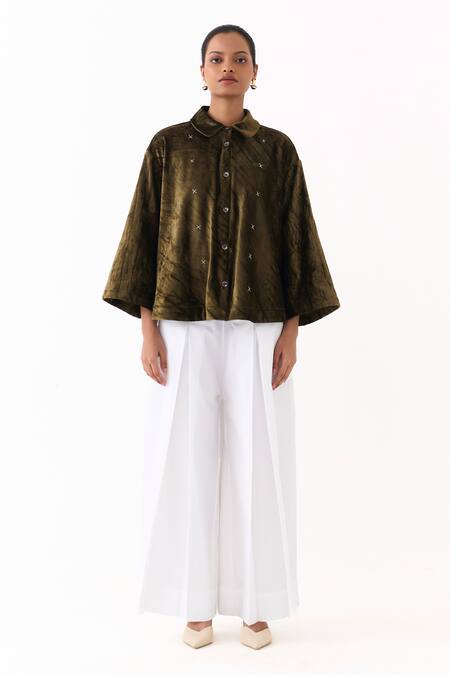 Buy_Three_Olive Green Velvet Embroidery Collared Cross Stitch Shirt _Online_at_Aza_Fashions