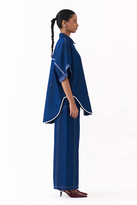 Three_Blue Denim Beads, Piping Collared Circle Placement Embroidered Shirt _Online_at_Aza_Fashions