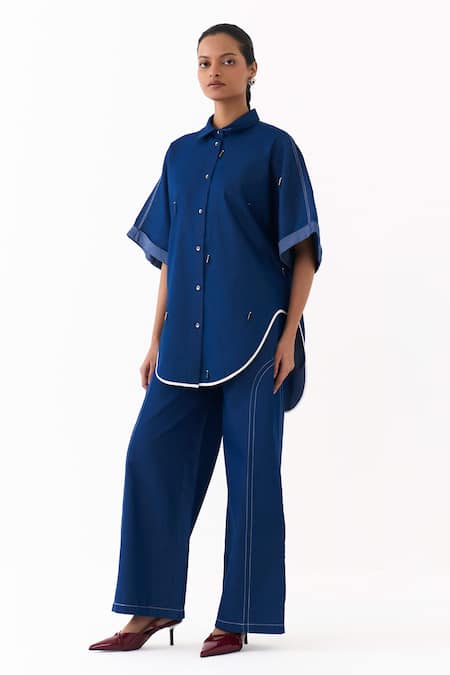 Buy_Three_Blue Denim Beads, Piping Collared Circle Placement Embroidered Shirt _Online_at_Aza_Fashions