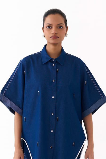 Three_Blue Denim Beads, Piping Collared Circle Placement Embroidered Shirt _at_Aza_Fashions