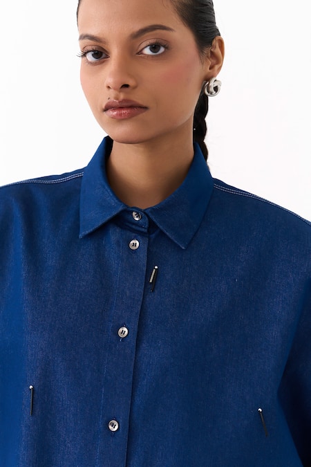 Buy_Three_Blue Denim Beads, Piping Collared Circle Placement Embroidered Shirt 