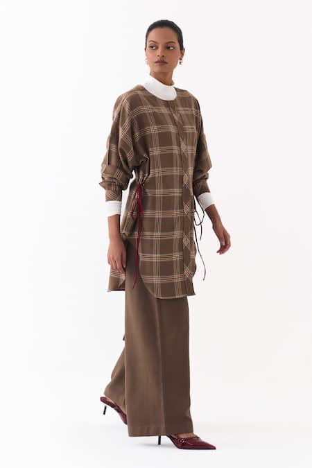 Three_Brown Round Neck Checkered Pattern Shirt _Online_at_Aza_Fashions