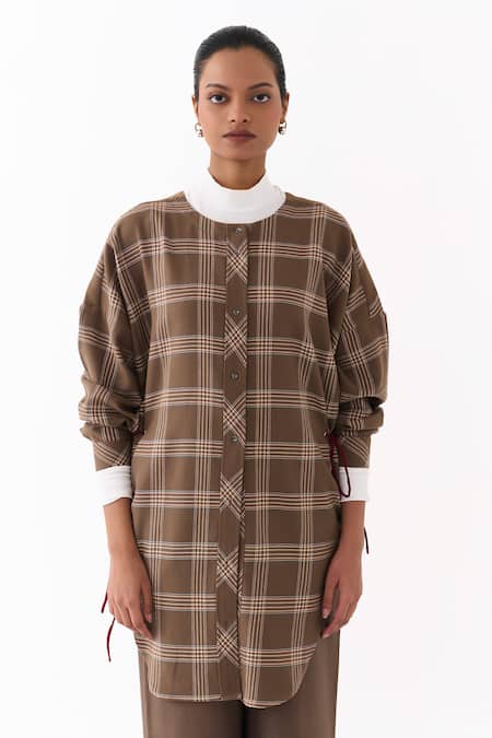 Buy_Three_Brown Round Neck Checkered Pattern Shirt _Online_at_Aza_Fashions