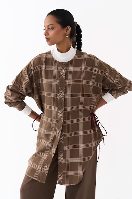Shop_Three_Brown Round Neck Checkered Pattern Shirt _Online_at_Aza_Fashions